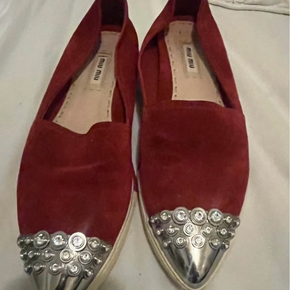 Miu Miu Burgundy Flats with Metallic Silver Tips